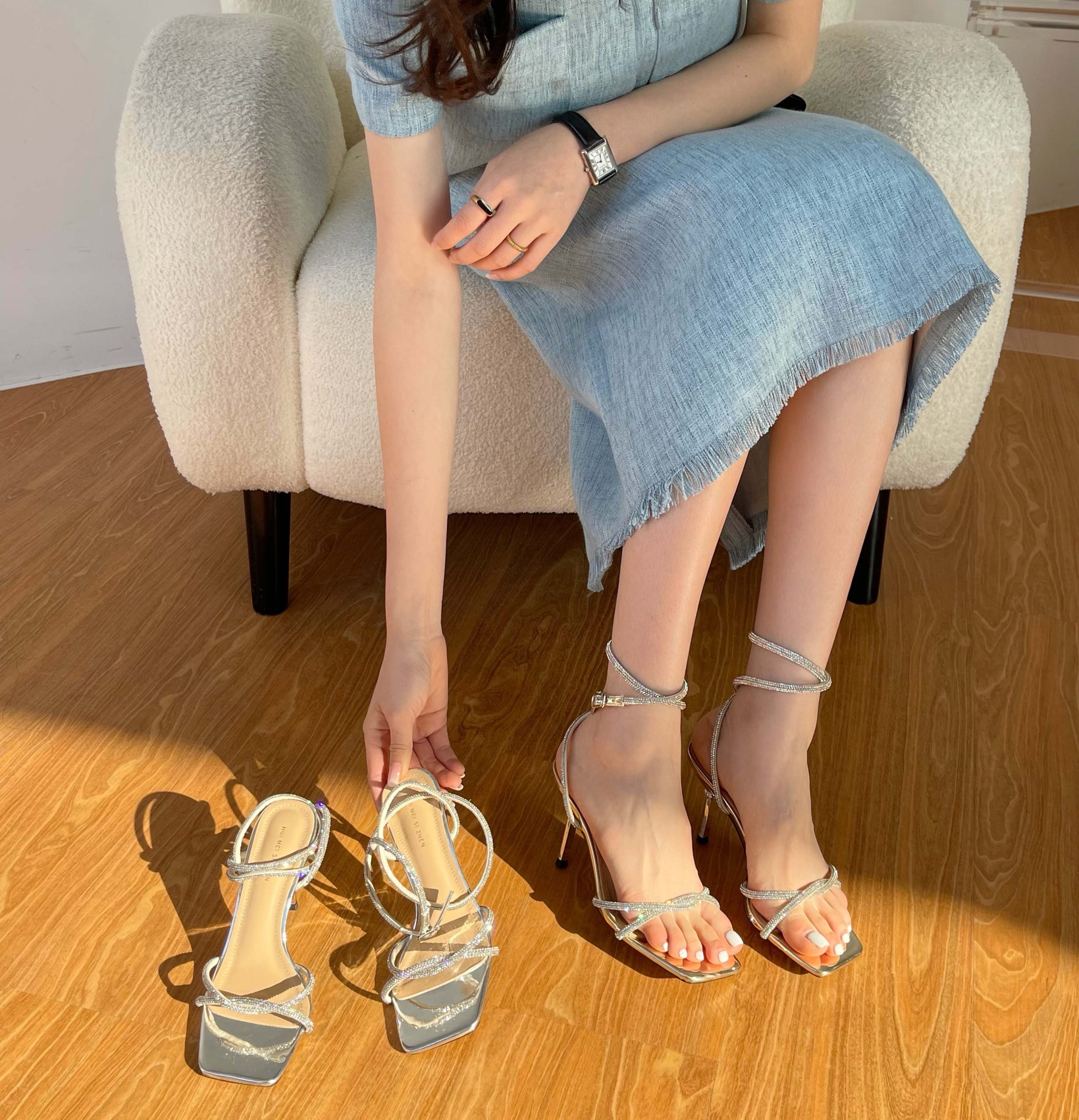 Women's Rhinestone Strappy High Heel Sandals 2023 New Summer Square Toe Ankle Strap Shoes