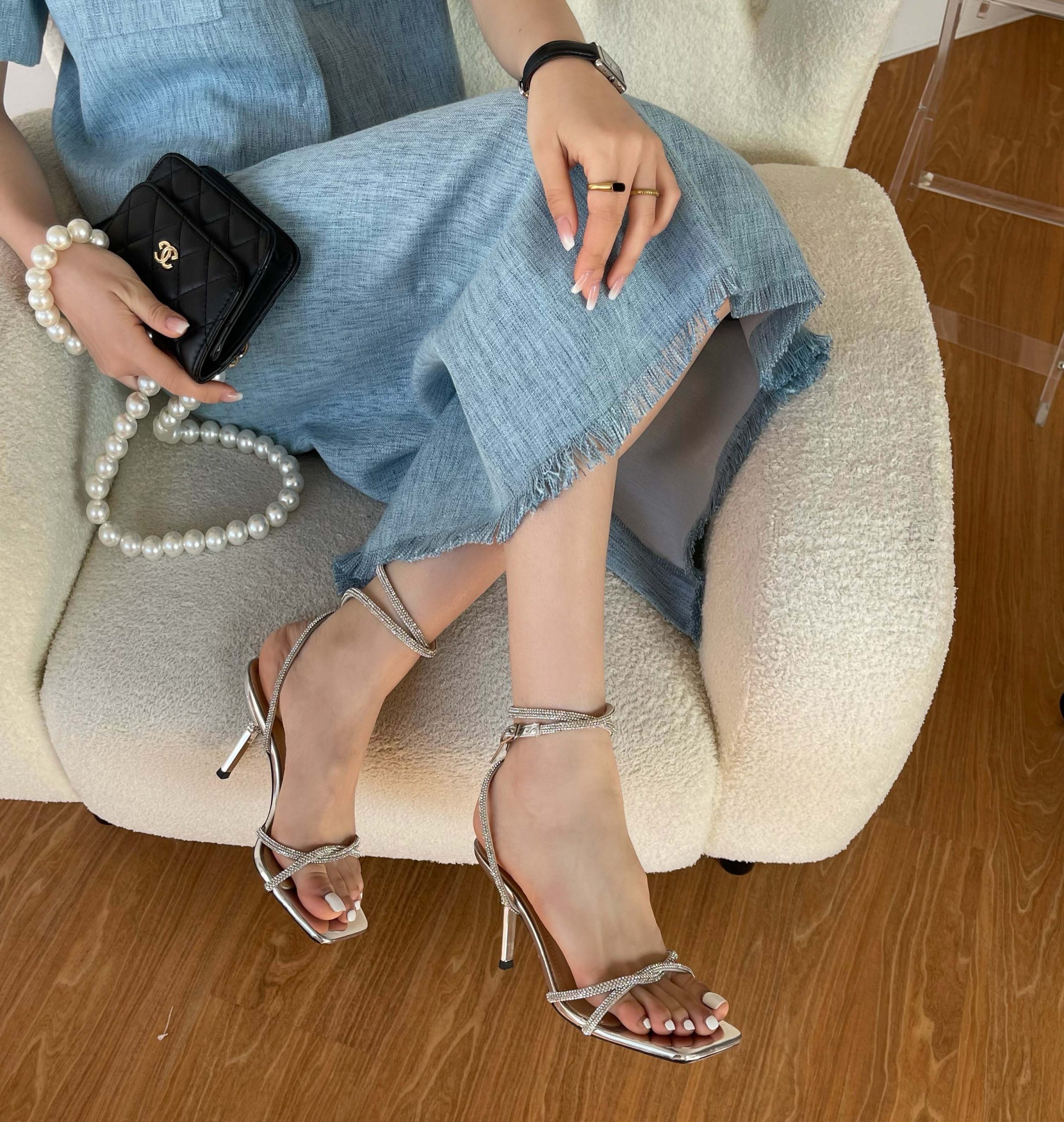 Women's Rhinestone Strappy High Heel Sandals 2023 New Summer Square Toe Ankle Strap Shoes - Image 2