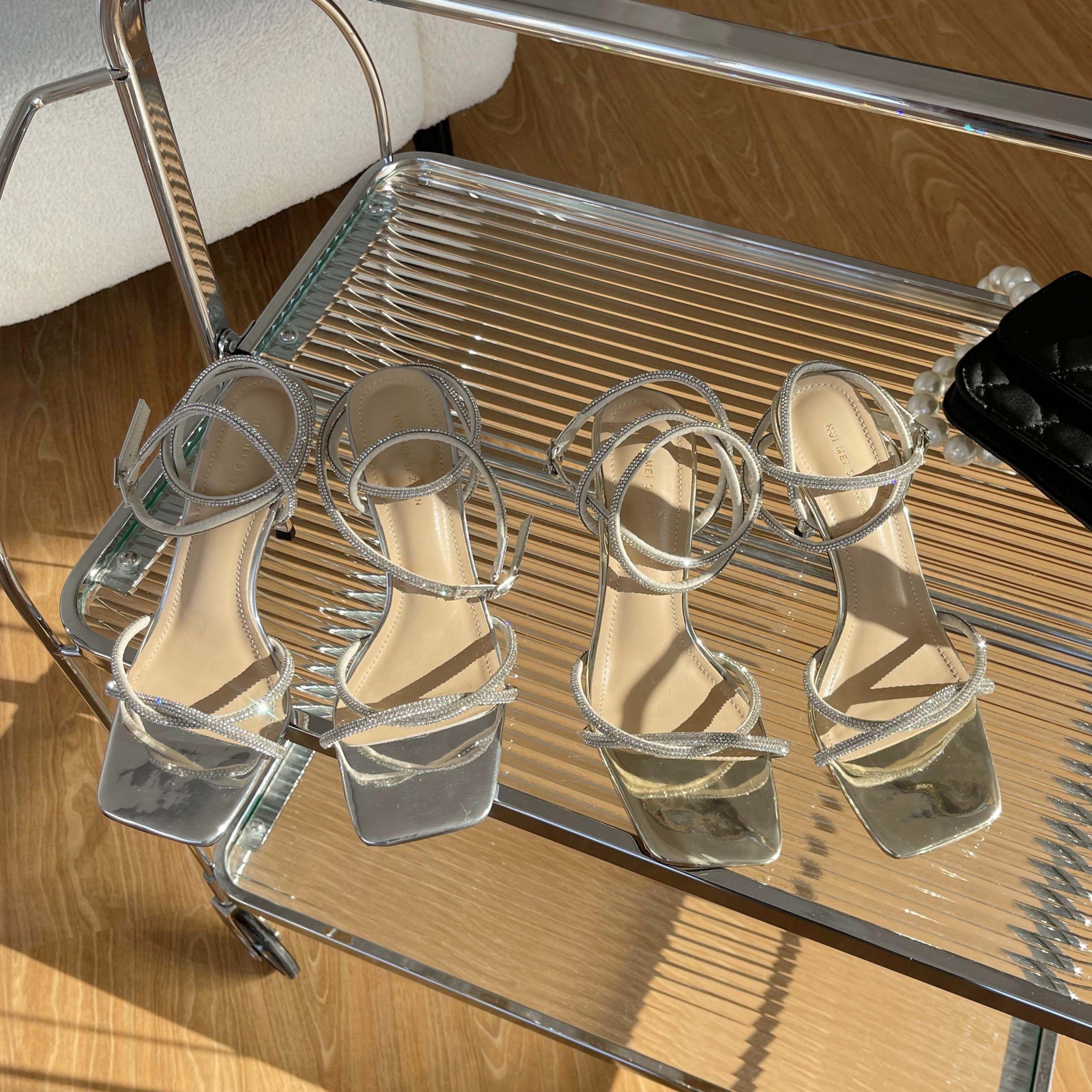 Women's Rhinestone Strappy High Heel Sandals 2023 New Summer Square Toe Ankle Strap Shoes - Image 4