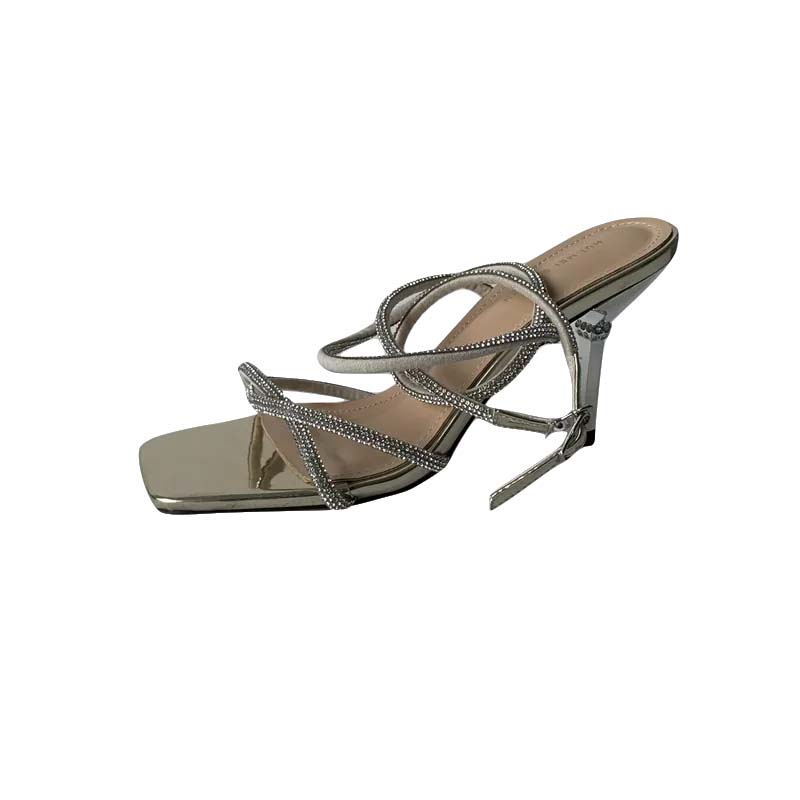 Women's Rhinestone Strappy High Heel Sandals 2023 New Summer Square Toe Ankle Strap Shoes - Image 5