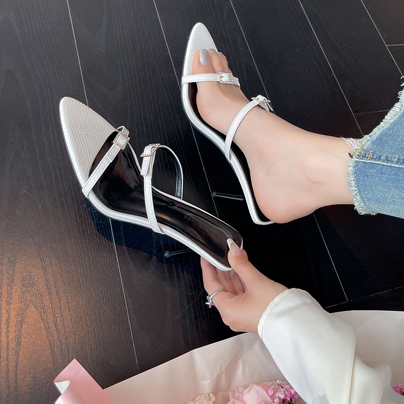2023 New Summer Two-Strap Rhinestone Buckle High Heel Sandals Open Toe Women's Shoes - Image 3