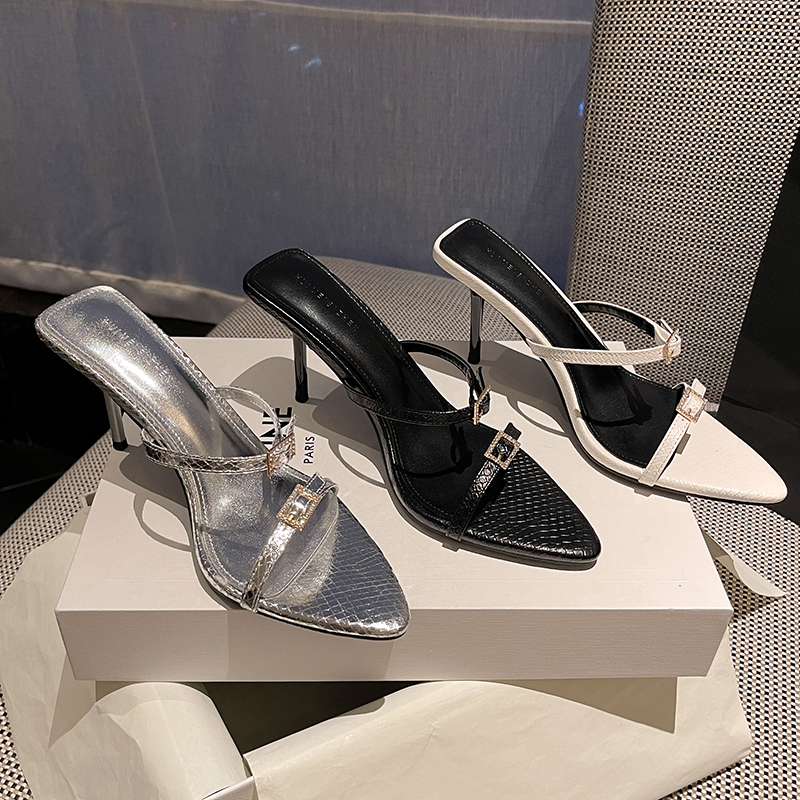 2023 New Summer Two-Strap Rhinestone Buckle High Heel Sandals Open Toe Women's Shoes - Image 4