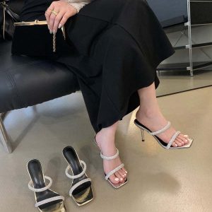 Women's Strappy Stiletto Heel Sandals 2023 New Summer Square Toe Rhinestone Sexy Fashion Anti-Slip Shoes