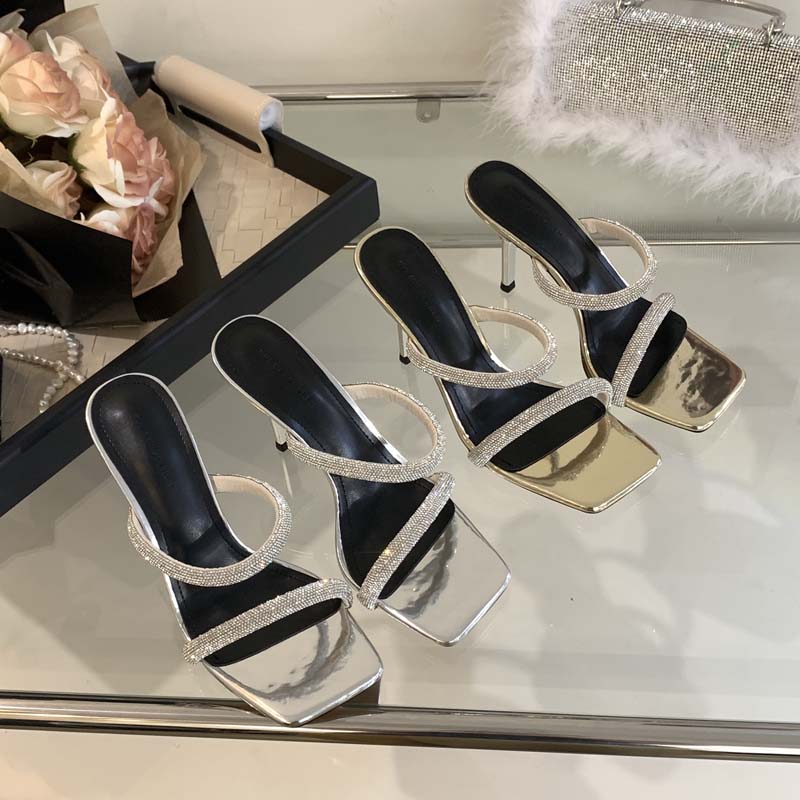 Women's Strappy Stiletto Heel Sandals 2023 New Summer Square Toe Rhinestone Sexy Fashion Anti-Slip Shoes - Image 4