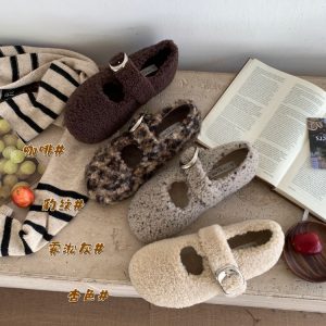 Ge Ge Lv Women's Soft Flat Comfortable Mary Jane Shoes 2025 Winter New Style Faux Fur Lined Casual Round Toe