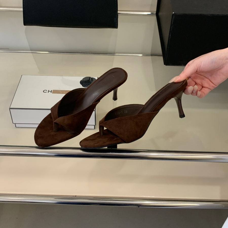 Women's Thong Sandals Summer 2026 French Style High Heel Slippers White Black Dark Brown