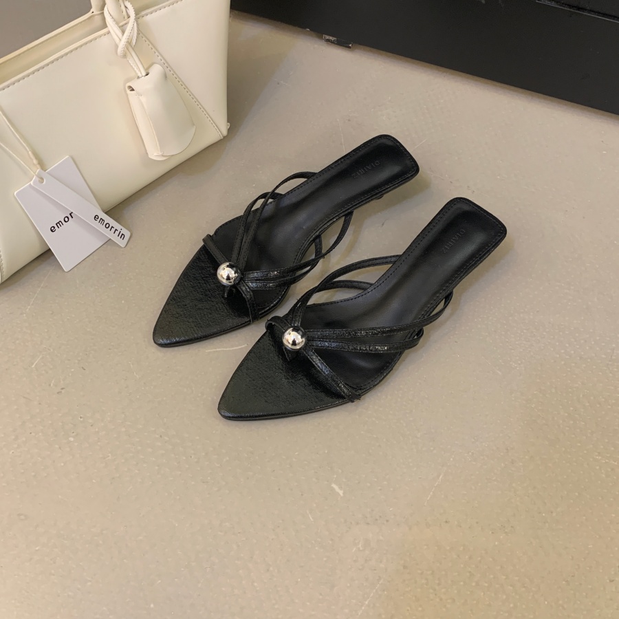 2026 Summer New Black Kitten Heel Slippers for Women French Style Square Toe Slimming One-Band Slide - Image 4