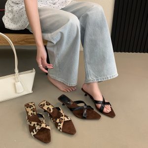 DIAIRIZ Women's Retro Leopard Print Cross Strap Wedge Sandals Summer 2026 Square Toe Open Toe Suede Low Heel Slippers