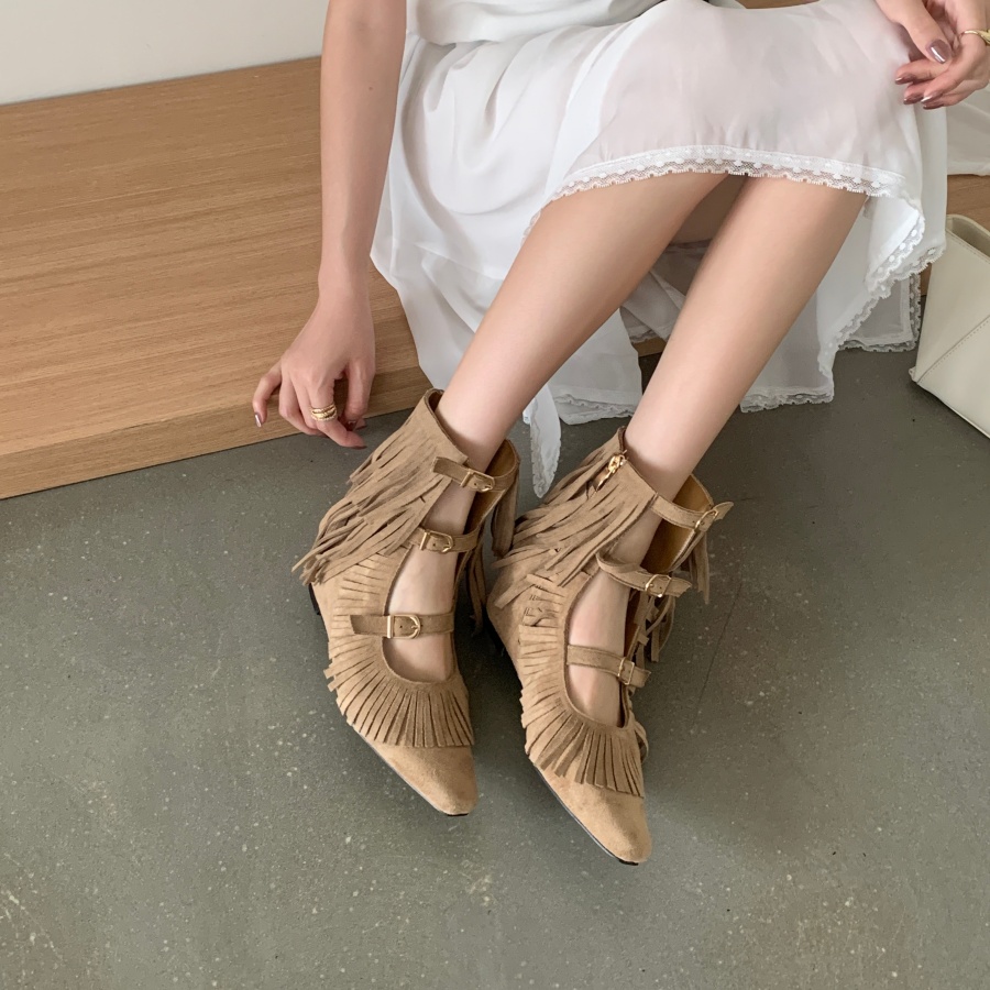 DIAIRIZ Women's Retro Cowboy Fringe Boots with 6CM Hidden Heel, Hollow Out Square Toe Mid Calf Boots for Summer 2026 - Image 3