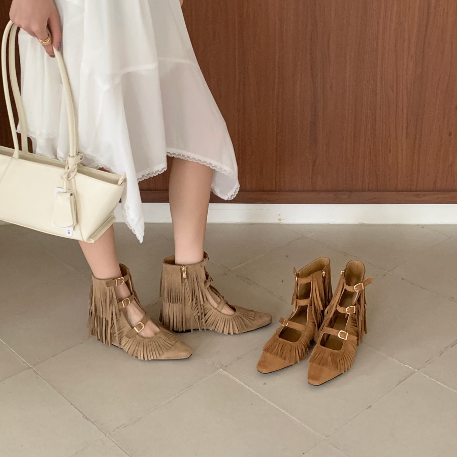 DIAIRIZ Women's Retro Cowboy Fringe Boots with 6CM Hidden Heel, Hollow Out Square Toe Mid Calf Boots for Summer 2026