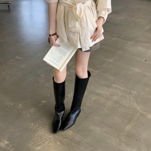 Korean Retro Wine Red Square Toe Long Boots Women 2026 Autumn Winter Slope Heel Slim Straight Cylinder Riding Boots