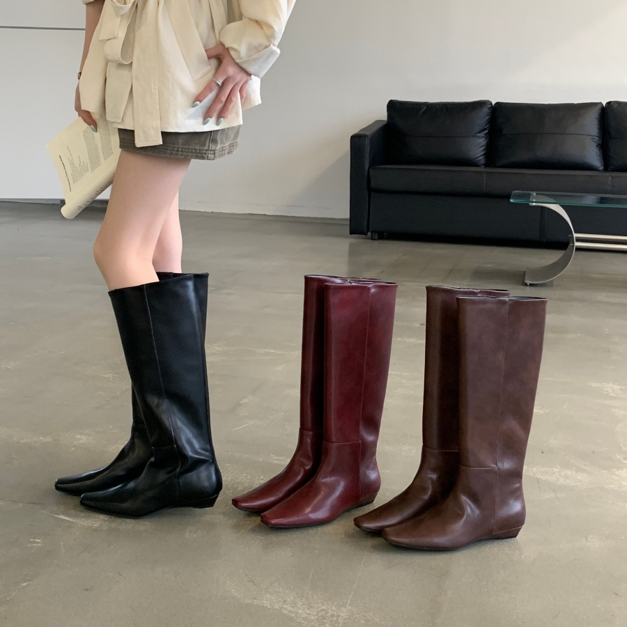 Korean Retro Wine Red Square Toe Long Boots Women 2026 Autumn Winter Slope Heel Slim Straight Cylinder Riding Boots - Image 4