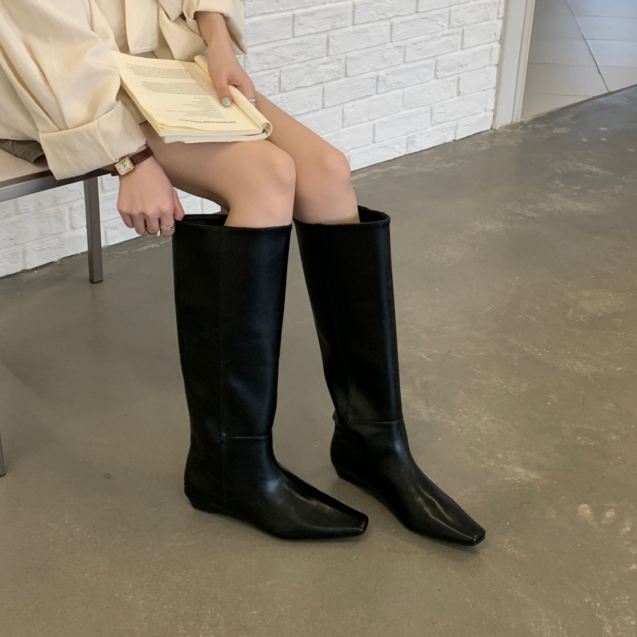 Korean Retro Wine Red Square Toe Long Boots Women 2026 Autumn Winter Slope Heel Slim Straight Cylinder Riding Boots - Image 3