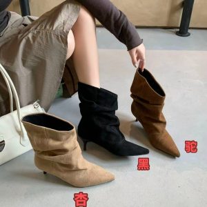DIAIRIZ Women's Pointed Toe Short Boots Fall Winter 2026 New Trendy Wrinkled Stacked Boots High Heel Slim Fit Street Style