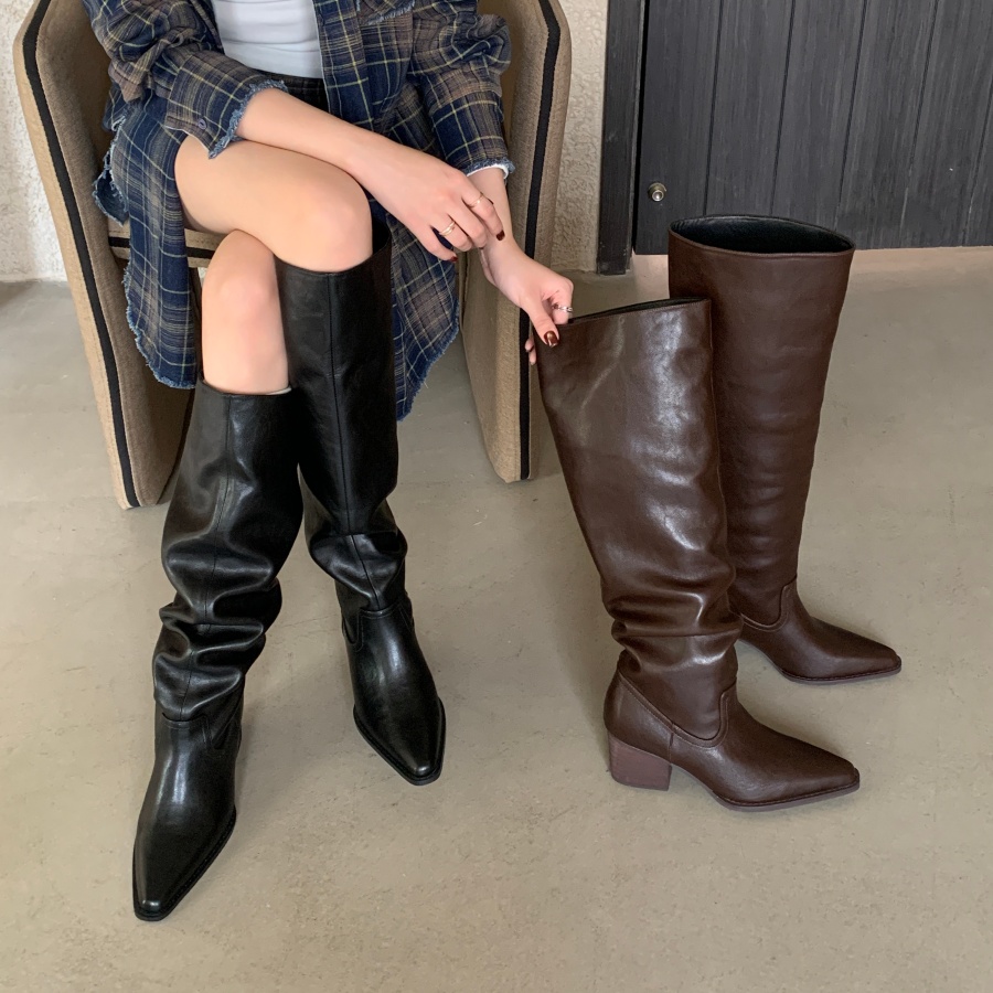 DIAIRIZ Retro Wrinkled Stack Boots High Top Chunky Heel Long Boots Pointed Toe Knight Boots Elevator Fashion Boots - Image 4