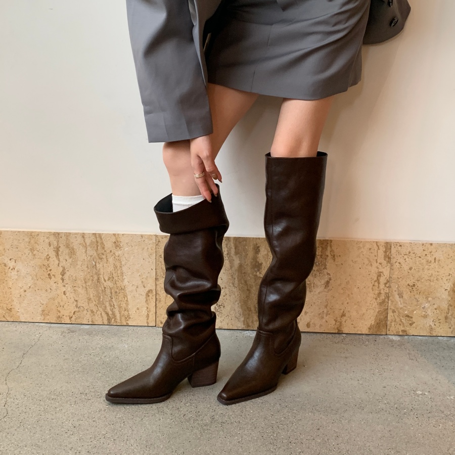 DIAIRIZ Retro Wrinkled Stack Boots High Top Chunky Heel Long Boots Pointed Toe Knight Boots Elevator Fashion Boots