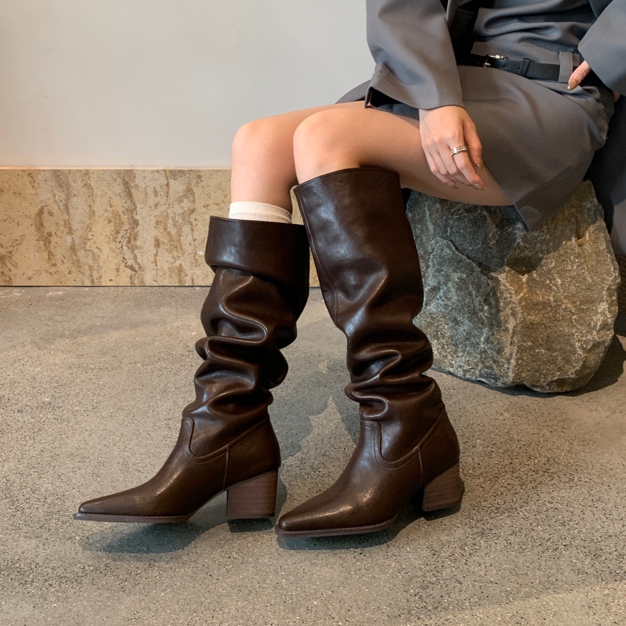 DIAIRIZ Retro Wrinkled Stack Boots High Top Chunky Heel Long Boots Pointed Toe Knight Boots Elevator Fashion Boots - Image 5