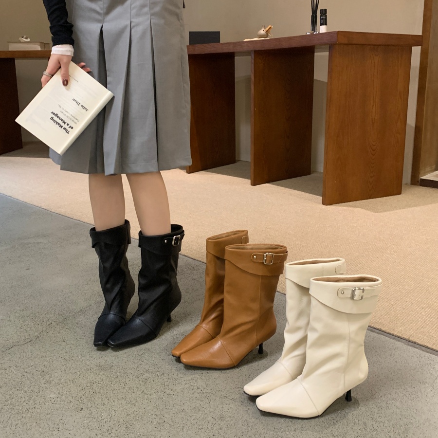DIAIRIZ Korean Style Pointed Toe Slim Heel Mid Calf Boots Women Autumn 2026 New Hong Kong Style Slim Boots Petite Stacked Boots