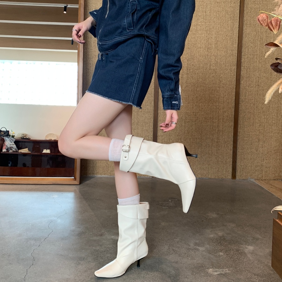 DIAIRIZ Korean Style Pointed Toe Slim Heel Mid Calf Boots Women Autumn 2026 New Hong Kong Style Slim Boots Petite Stacked Boots - Image 2