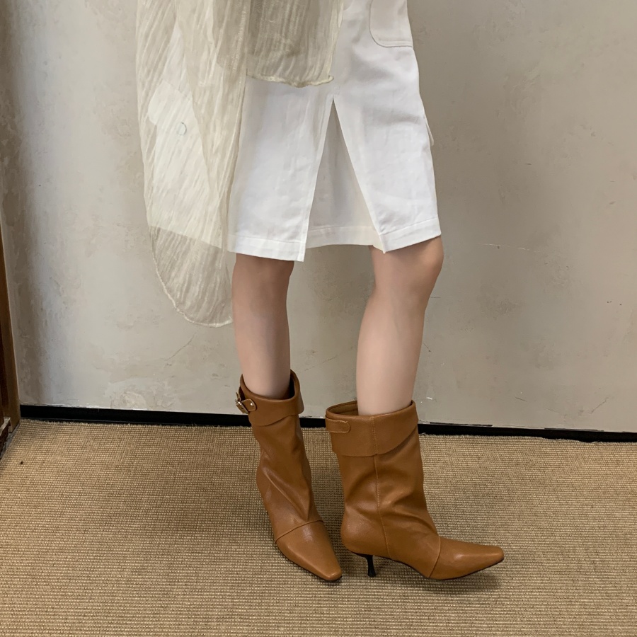 DIAIRIZ Korean Style Pointed Toe Slim Heel Mid Calf Boots Women Autumn 2026 New Hong Kong Style Slim Boots Petite Stacked Boots - Image 5