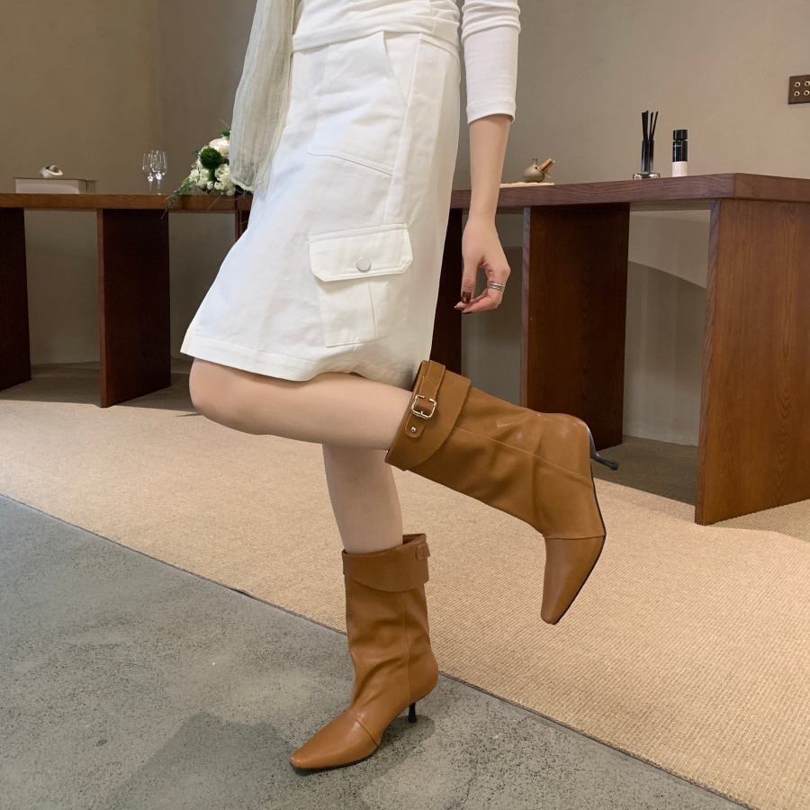 DIAIRIZ Korean Style Pointed Toe Slim Heel Mid Calf Boots Women Autumn 2026 New Hong Kong Style Slim Boots Petite Stacked Boots - Image 4
