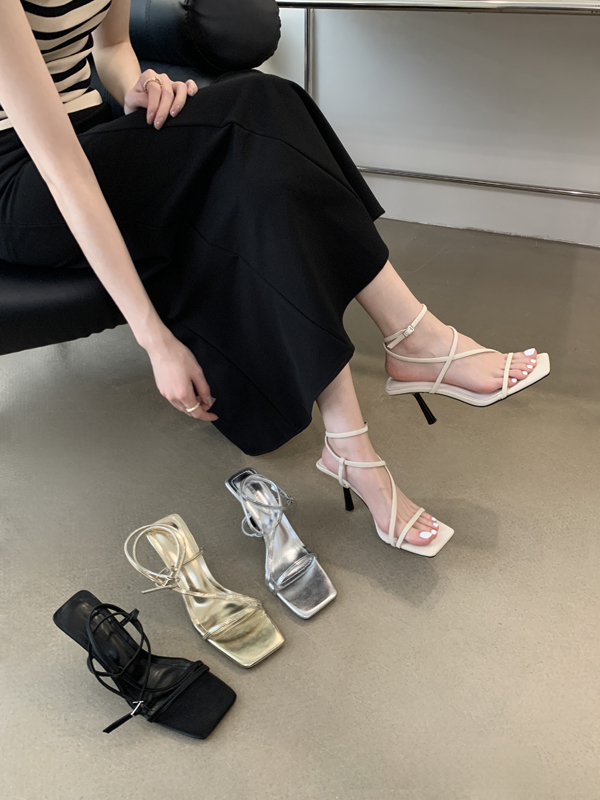 2024 Summer Korean Style Square Toe Open Toe Thin Heel Thin Strap Solid Color Cross Strap Simple Women's High Heel Sandals