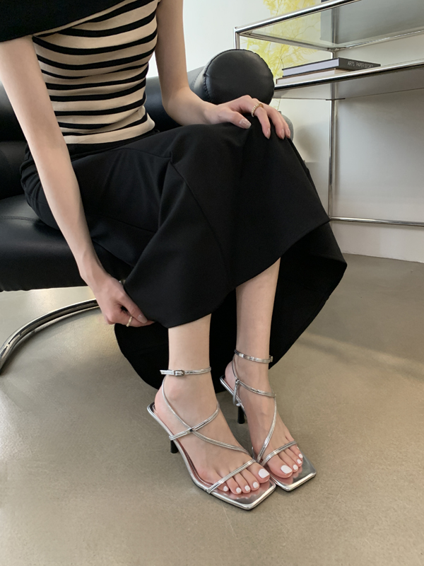 2024 Summer Korean Style Square Toe Open Toe Thin Heel Thin Strap Solid Color Cross Strap Simple Women's High Heel Sandals - Image 4