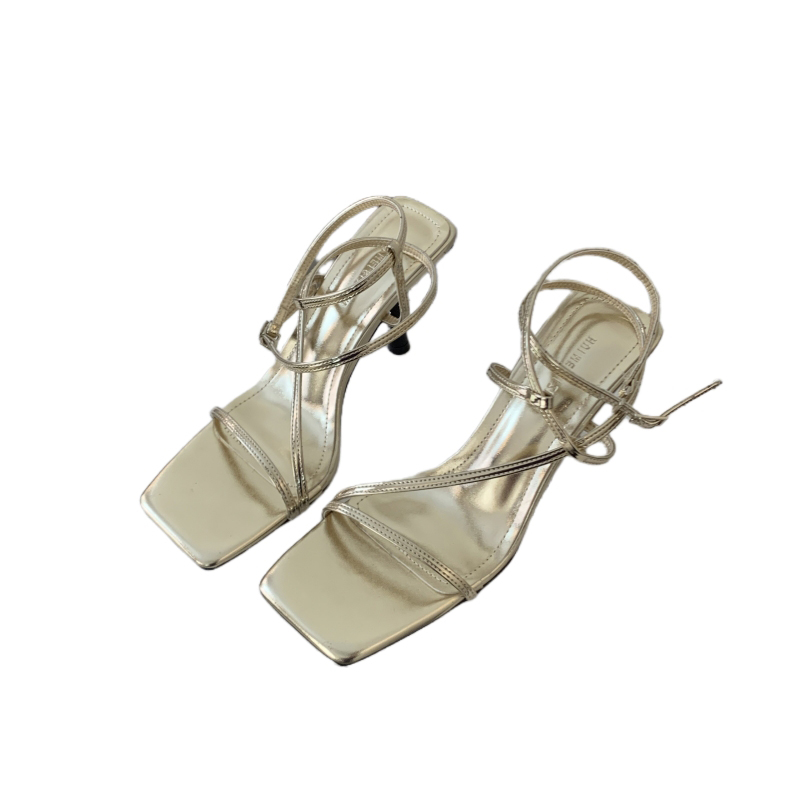 2024 Summer Korean Style Square Toe Open Toe Thin Heel Thin Strap Solid Color Cross Strap Simple Women's High Heel Sandals - Image 5