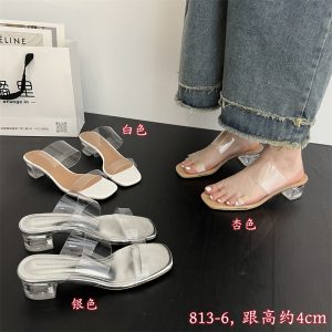 2026 Korean Style Transparent One-Strap Sandals for Women Mid Heel Chunky Heel Crystal High Heels 4cm 5cm 7cm