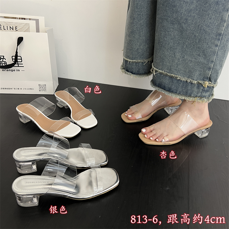 2026 Korean Style Transparent One-Strap Sandals for Women Mid Heel Chunky Heel Crystal High Heels 4cm 5cm 7cm